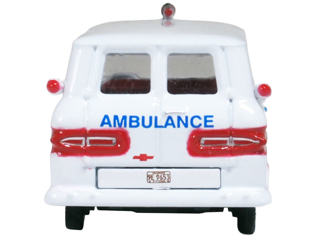 1962 Chevrolet Corvair Greenbrier AmbleWagon Ambulance White with Red Stripes 1/87 (HO) Scale Diecast Model Car by Oxford Diecast