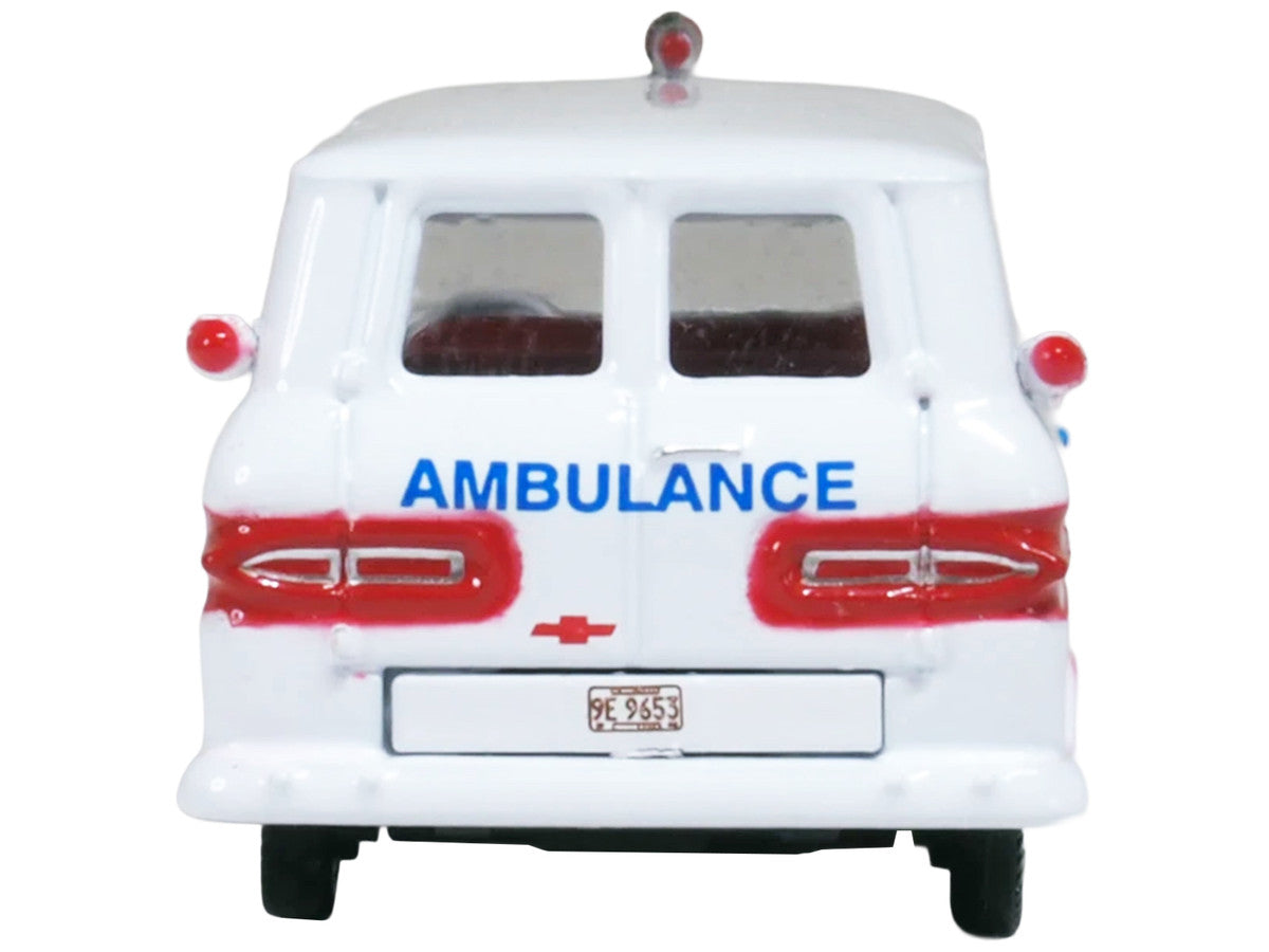 1962 Chevrolet Corvair Greenbrier AmbleWagon Ambulance White with Red Stripes 1/87 (HO) Scale Diecast Model Car by Oxford Diecast