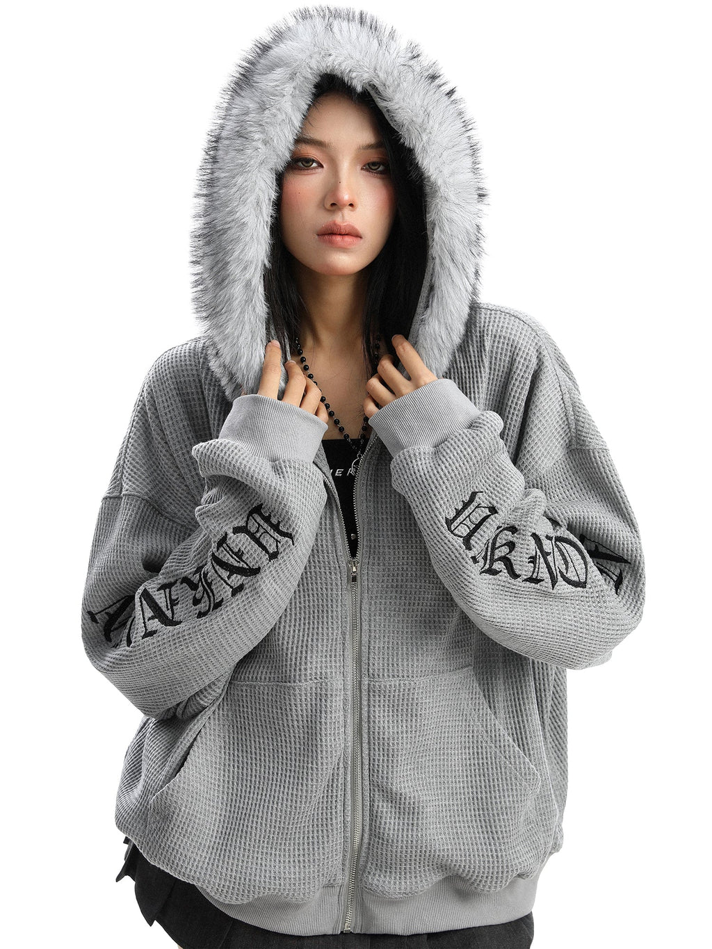 Cross Printed Hoodie Women's Fur Collar Baggy Coat