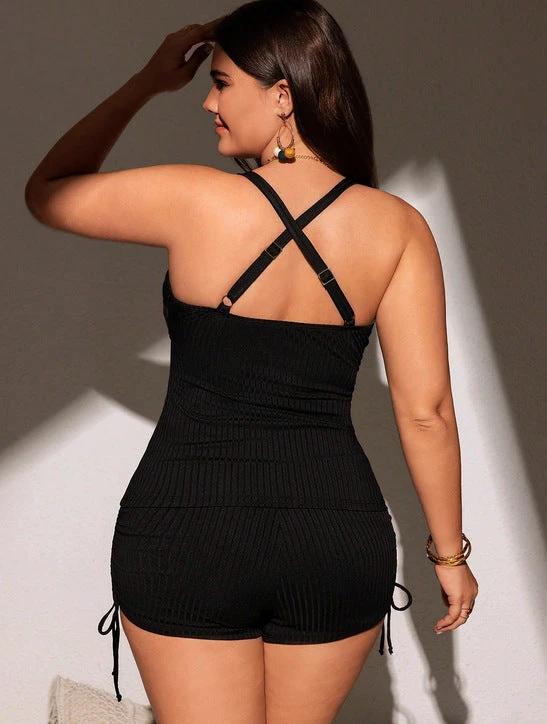 Plus Size Women's Knitted 2-piece Set Spaghetti Strap High Waist Boxers