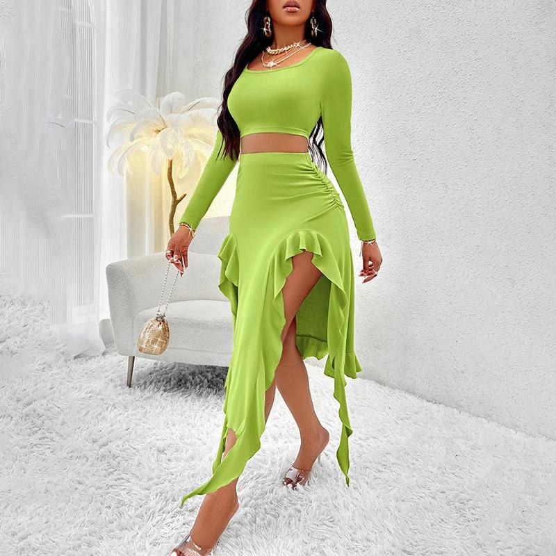 Women's Long Sleeve Round Neck Pleated Dress Suit - Solid Color Elegant Ruffle Outfit