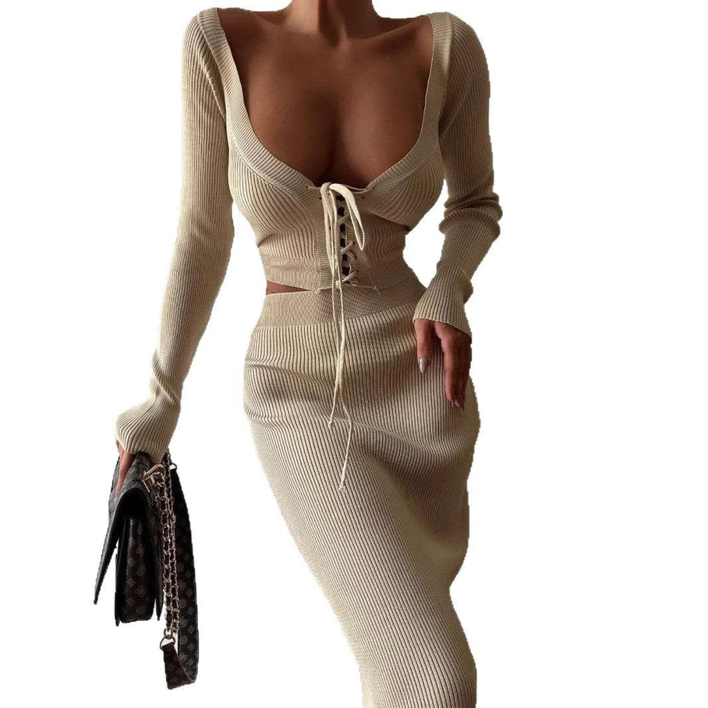 Autumn Winter Sexy Long Sleeve Sweater Dress Two-piece Set Skinny Knit