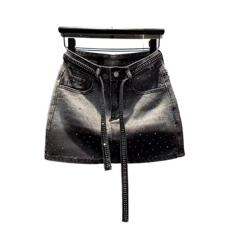 Summer New Rhinestone Five-point Denim Wide Leg A- Line Skirt