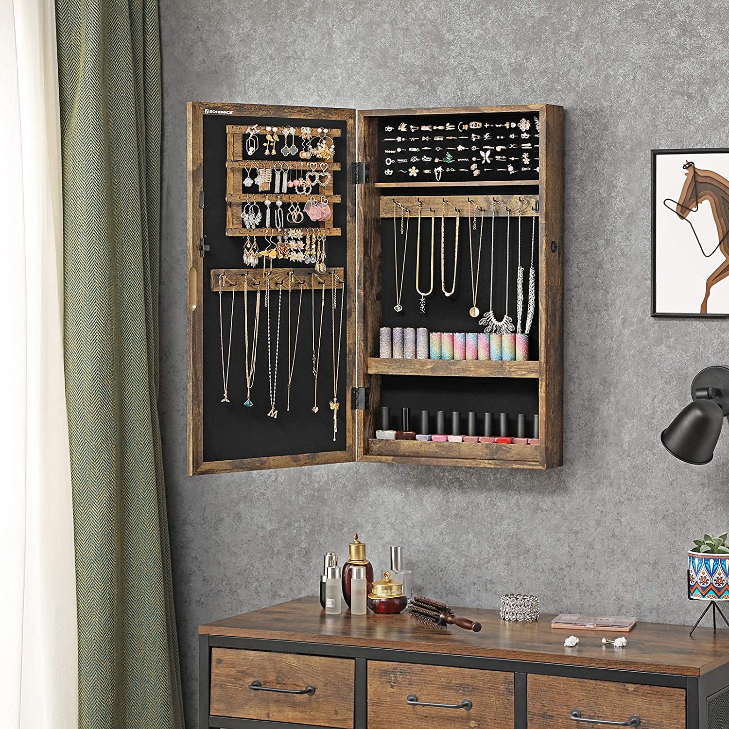 Lockable Jewelry Cabinet Armoire with Mirror, Wall-Mounted Space Saving Jewelry Storage Organizer, Rustic Brown