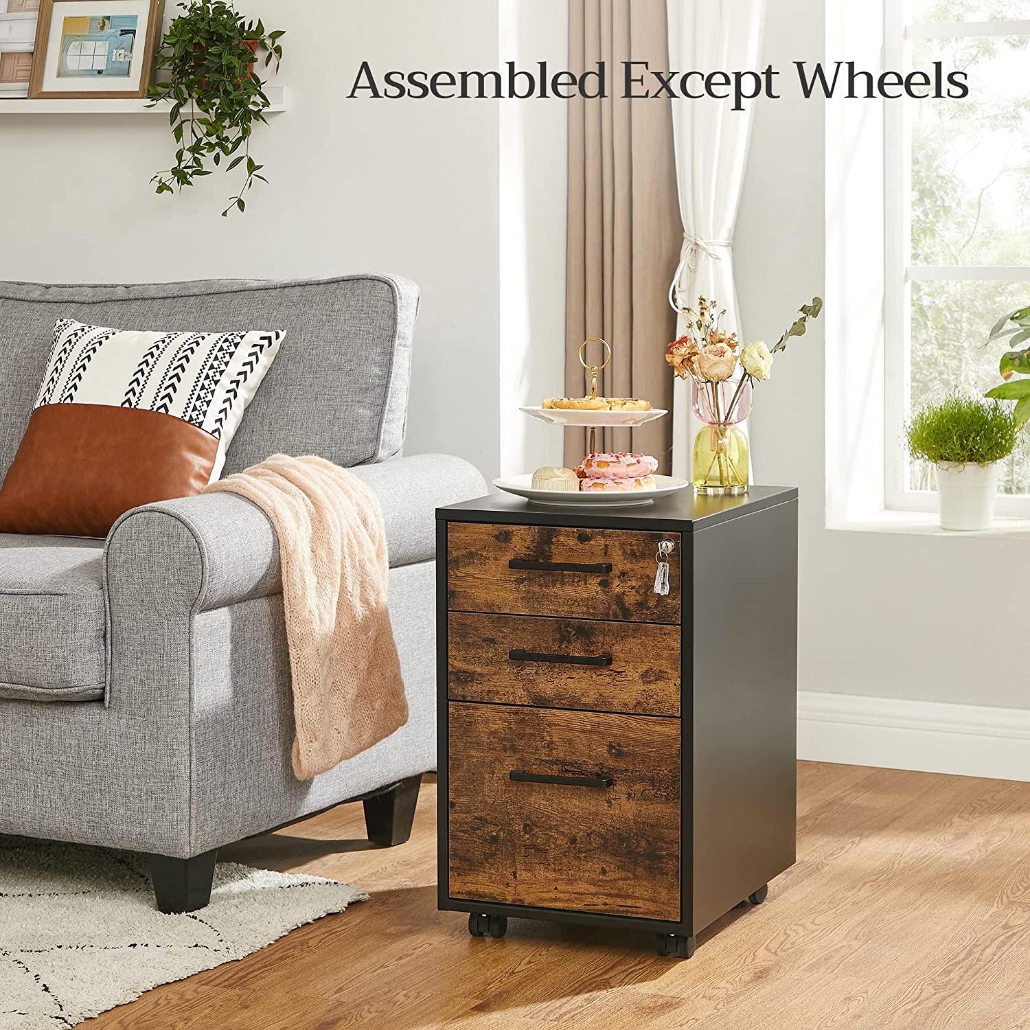 Mobile File Cabinet, Office Filing Cabinet with Wheels and Lock for A4