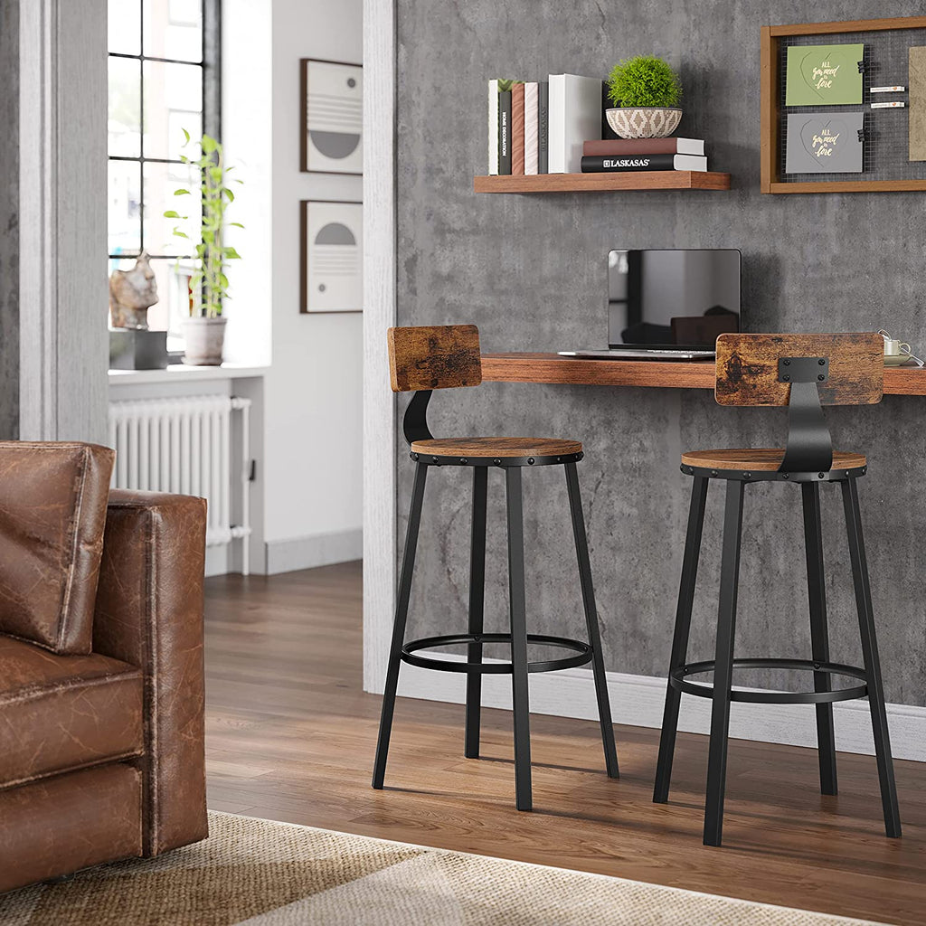 Tall Bar Stools, Set of 2 Bar Chairs, Kitchen Stools with Backrest, Steel Frame, 28.7-Inch High Seat
