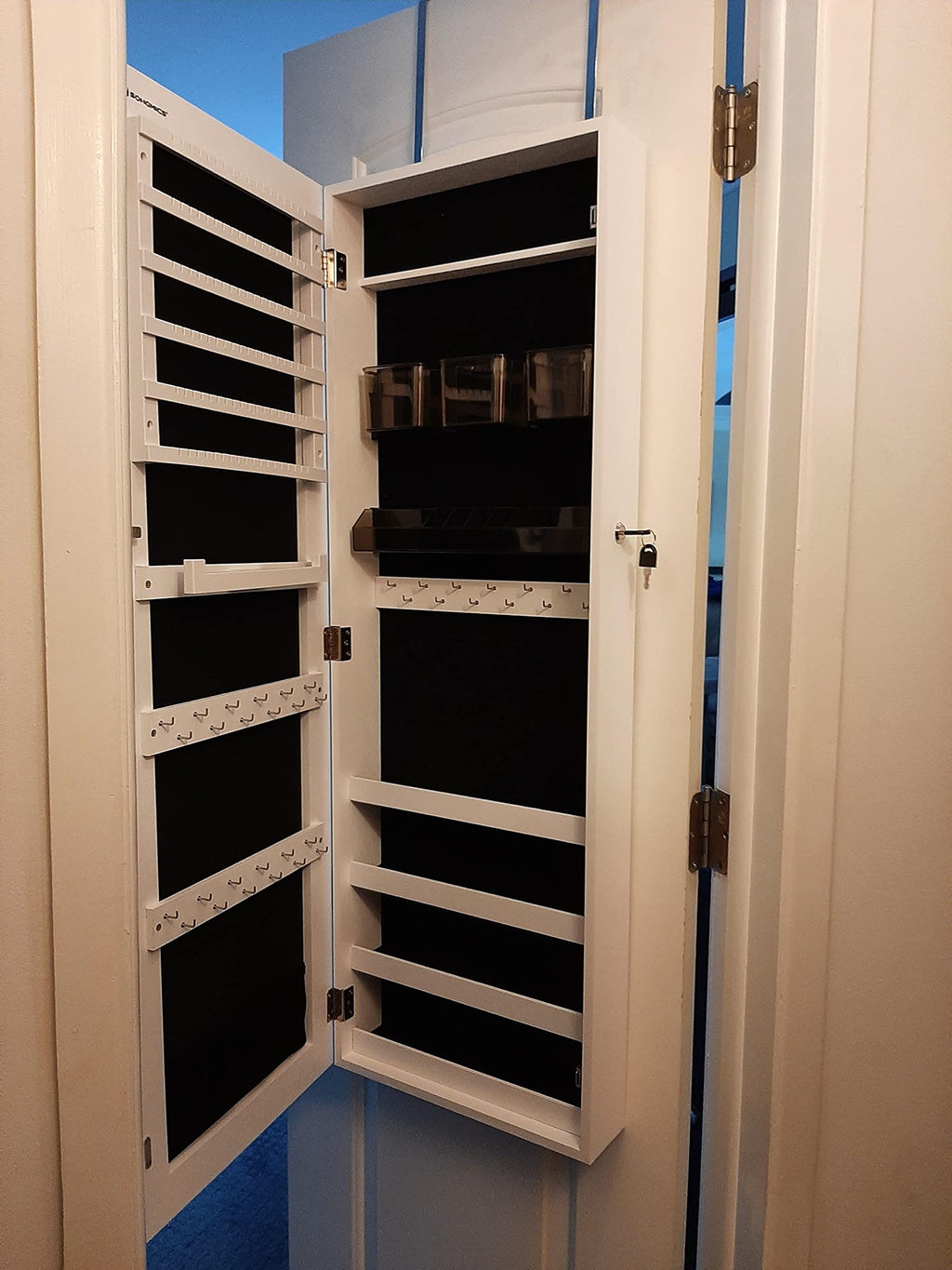 Mirror Jewelry Cabinet Armoire, Lockable Wall-Mounted Storage Organizer Unit