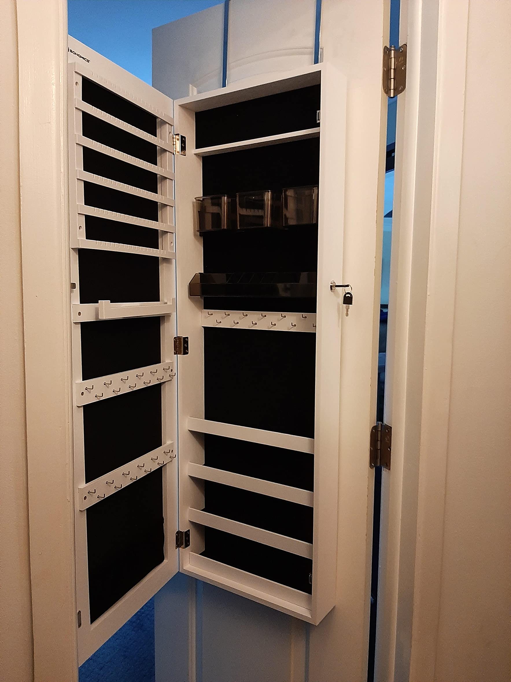 Mirror Jewelry Cabinet Armoire, Lockable Wall-Mounted Storage Organizer Unit