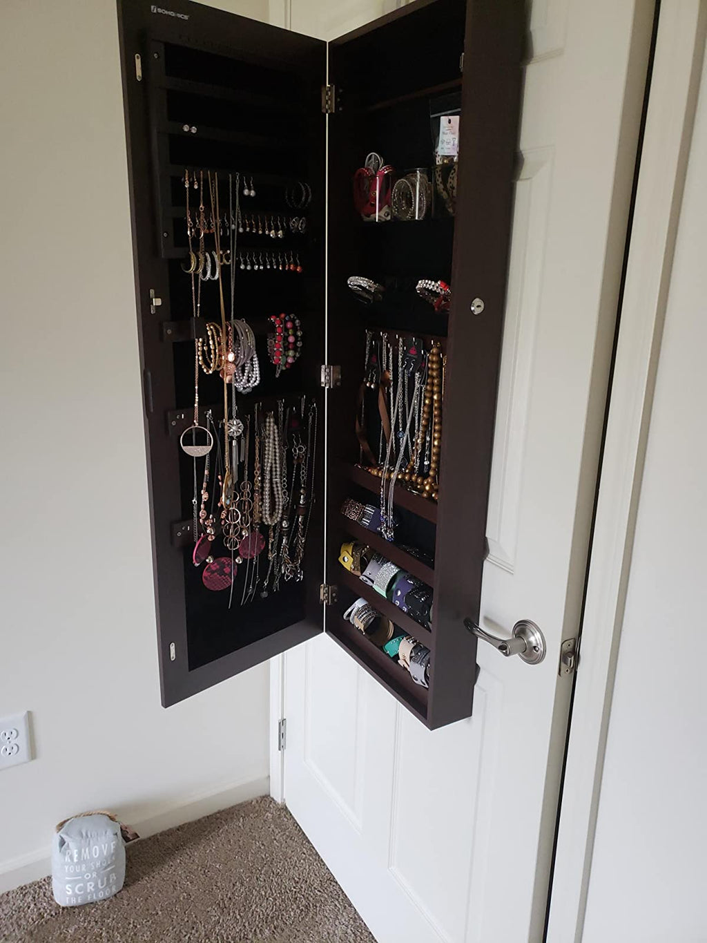 Mirror Jewelry Cabinet Armoire, Lockable Wall-Mounted Storage Organizer Unit with 2 Cosmetic Storage Trays