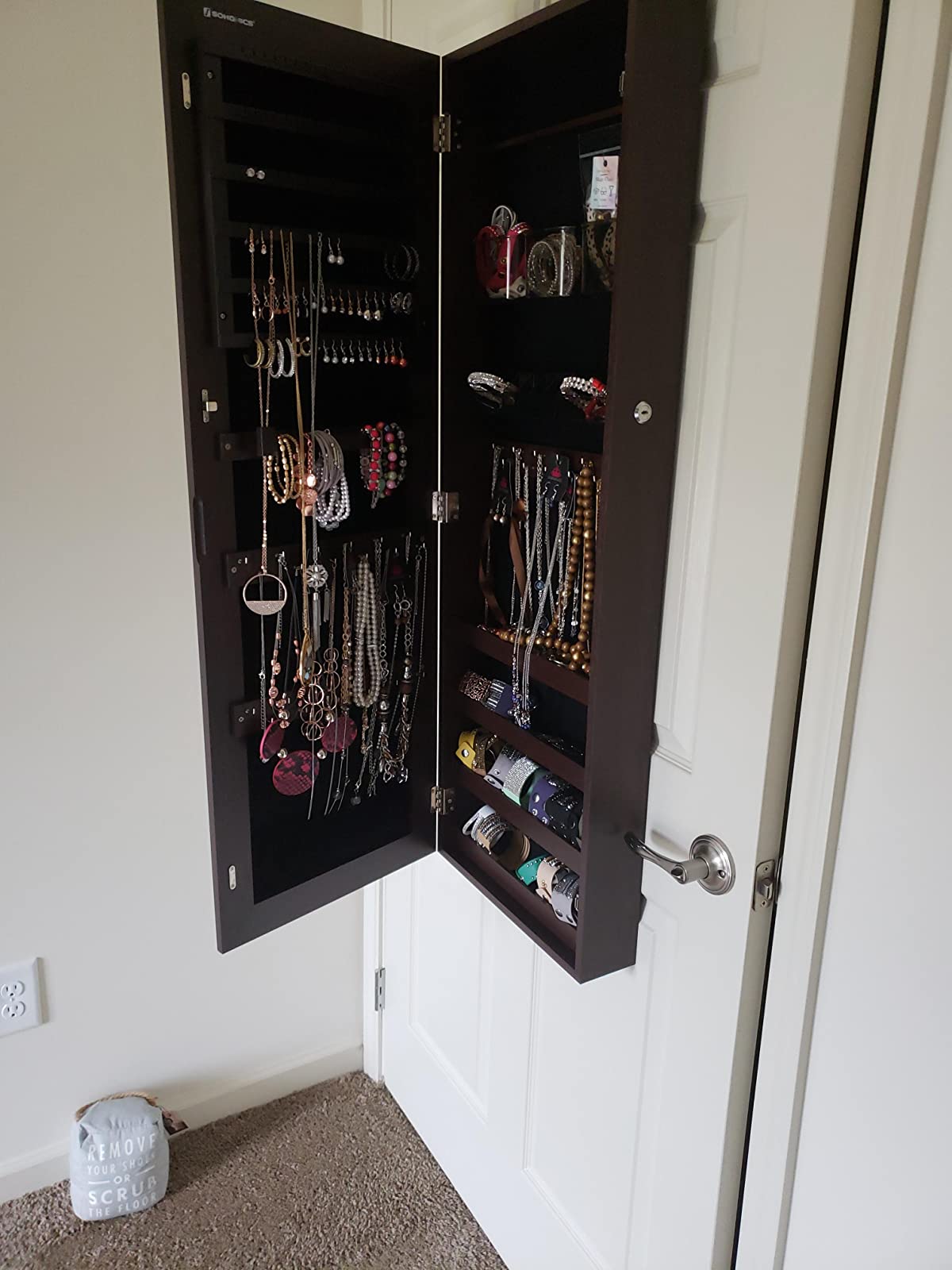 Mirror Jewelry Cabinet Armoire, Lockable Wall-Mounted Storage Organizer Unit with 2 Cosmetic Storage Trays