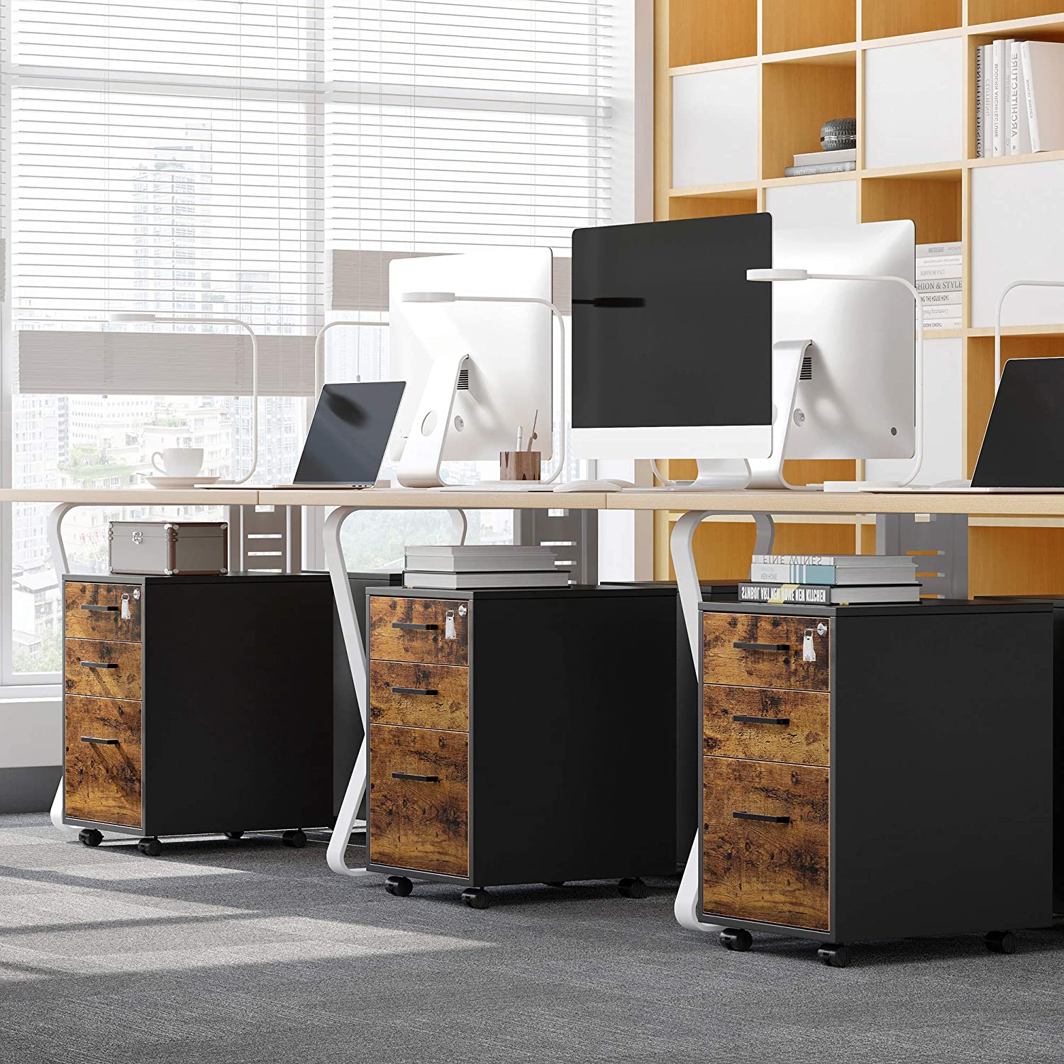 Mobile File Cabinet, Office Filing Cabinet with Wheels and Lock for A4