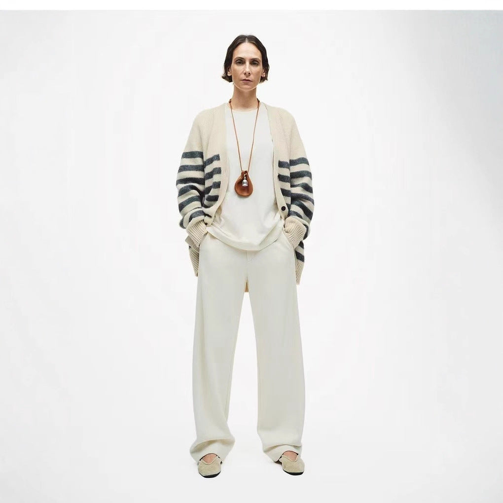 Womens Striped Wool Color-Block Knitted Cardigan Coat