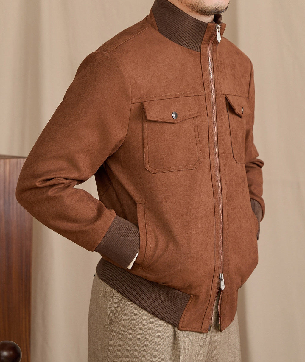 Stylish Stand-up Collar Faux Suede Velvet Jacket For The Modern Professional