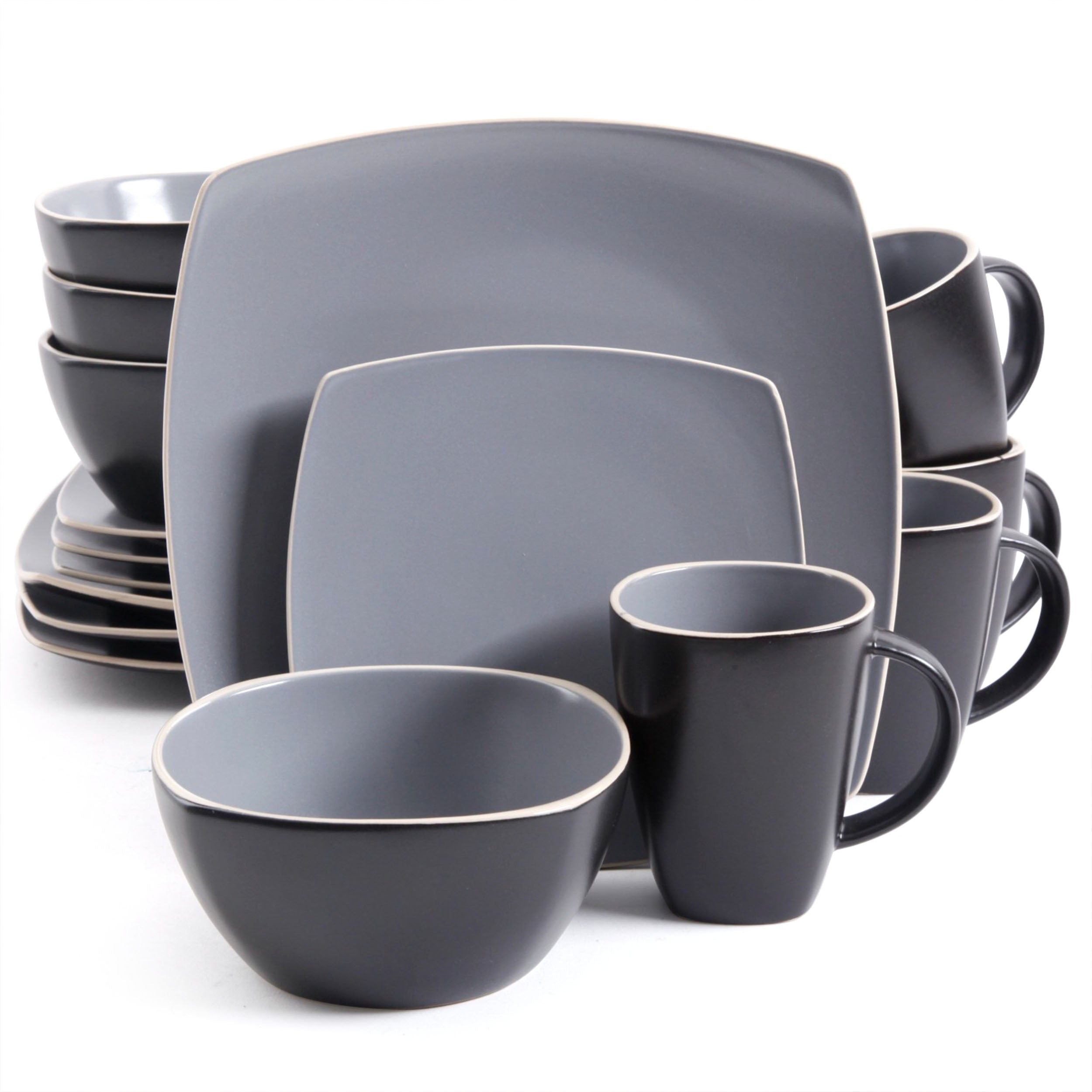 Gibson Home Soho Lounge 16 Piece Soft Square Stoneware Dinnerware Set in Grey Matte