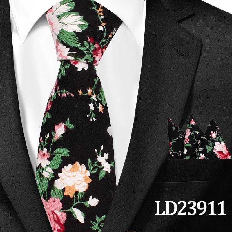 Men's Casual Cotton Floral Print 6cm Tie and Pocket Square