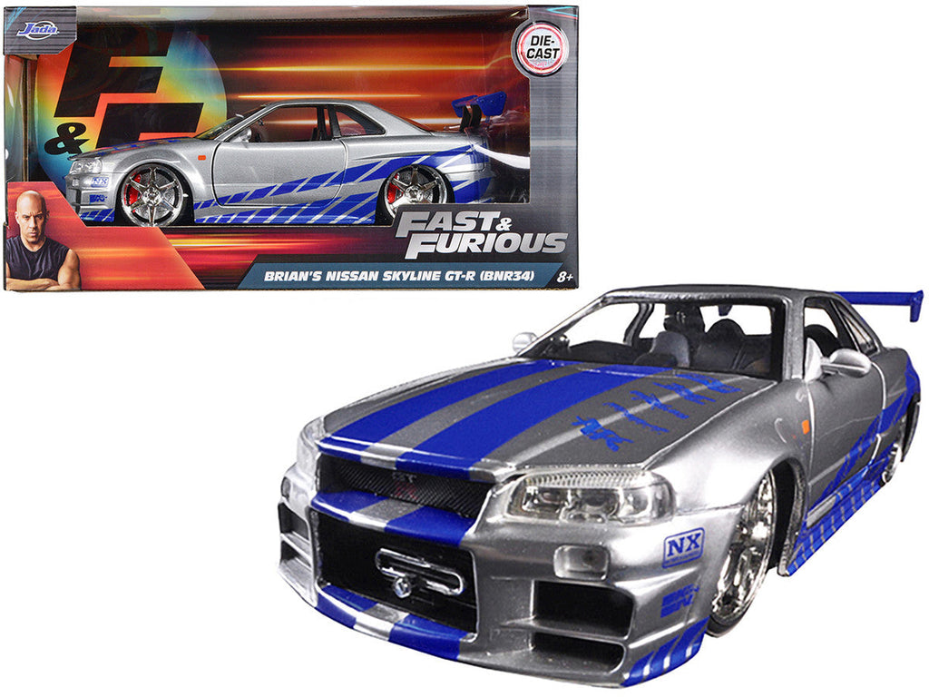 Brian's Nissan GTR Skyline R34 RHD (Right Hand Drive) Silver with Blue Stripes "Fast & Furious" Movie 1/24 Diecast Model Car by Jada