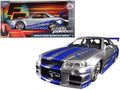 Brian's Nissan GTR Skyline R34 RHD (Right Hand Drive) Silver with Blue Stripes "Fast & Furious" Movie 1/24 Diecast Model Car by Jada