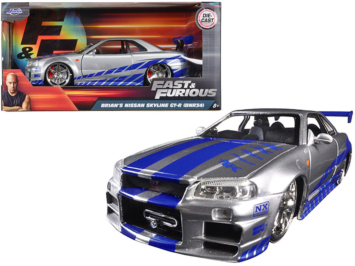 Brian's Nissan GTR Skyline R34 RHD (Right Hand Drive) Silver with Blue Stripes "Fast & Furious" Movie 1/24 Diecast Model Car by Jada