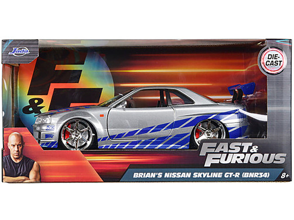 Brian's Nissan GTR Skyline R34 RHD (Right Hand Drive) Silver with Blue Stripes "Fast & Furious" Movie 1/24 Diecast Model Car by Jada