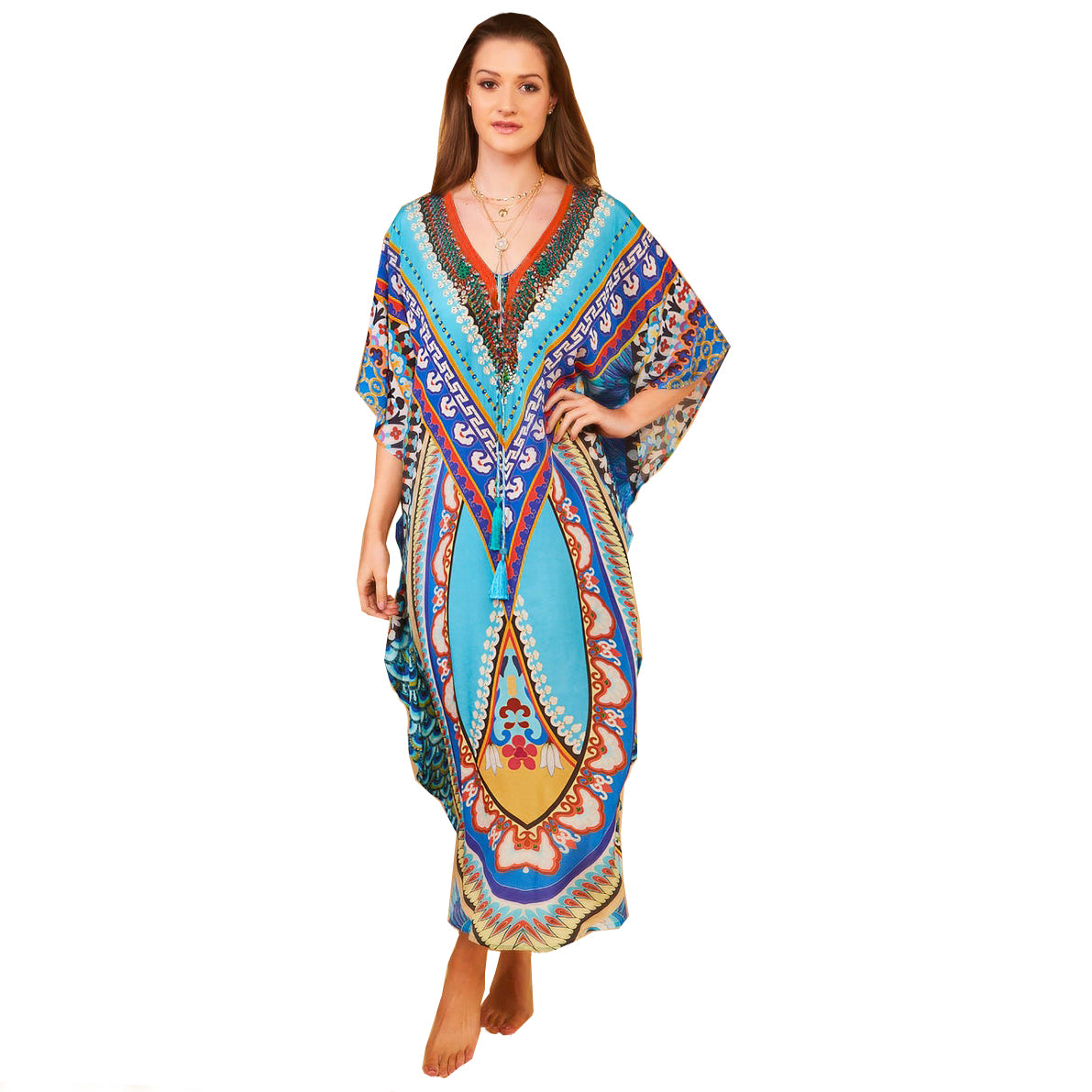 Rayon Positioning Printing Arc Hem Robe Vacation Casual Beach Bikini Sun Protection Blouse