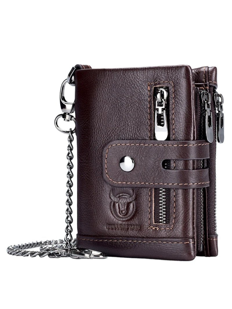 Men's Retro Genuine Leather Wallet Compact Bifold With Dual Zippers