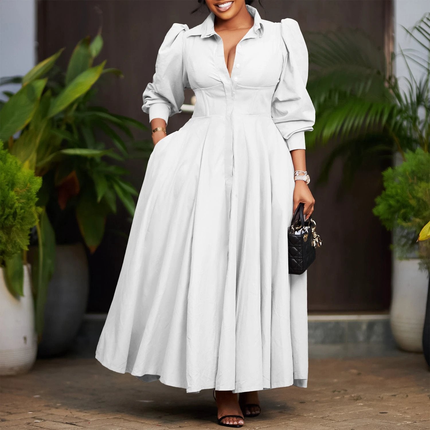 Women's Elegant Long Sleeve Big Hem Shirt Solid Color Dress