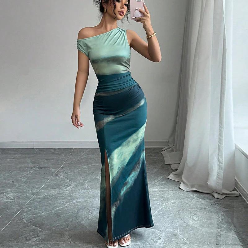 European And American Contrast Color Slim Fit Dress Slant Shoulder