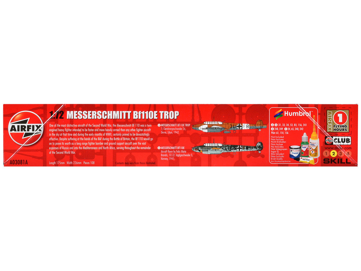 Level 2 Model Kit Messerschmitt Bf110E/E-2 TROP Fighter Aircraft with 2 Scheme Options 1/72 Plastic Model Kit by Airfix