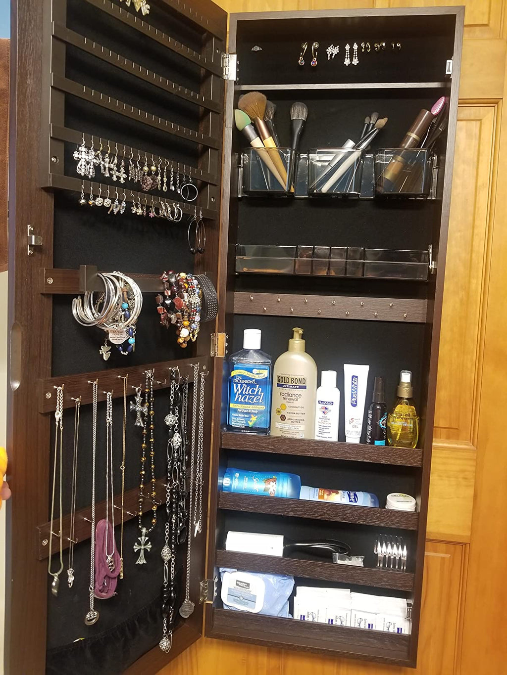 Mirror Jewelry Cabinet Armoire, Lockable Wall-Mounted Storage Organizer Unit with 2 Cosmetic Storage Trays