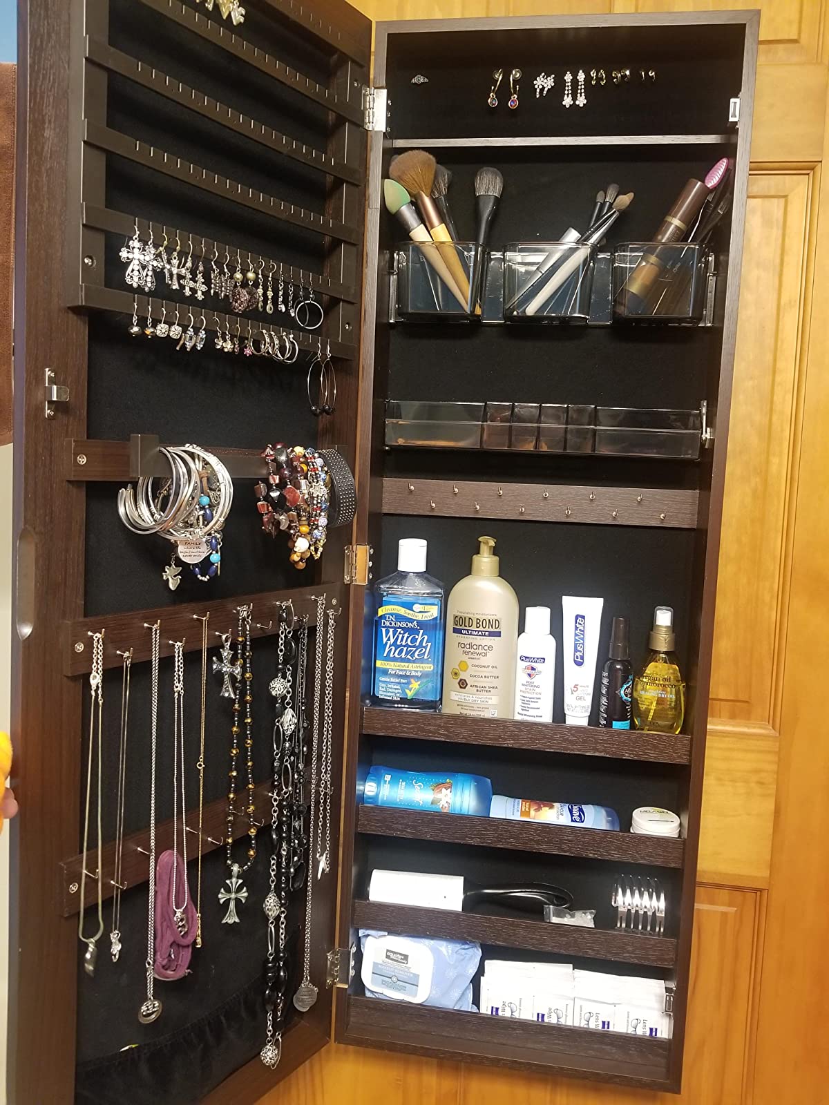 Mirror Jewelry Cabinet Armoire, Lockable Wall-Mounted Storage Organizer Unit with 2 Cosmetic Storage Trays