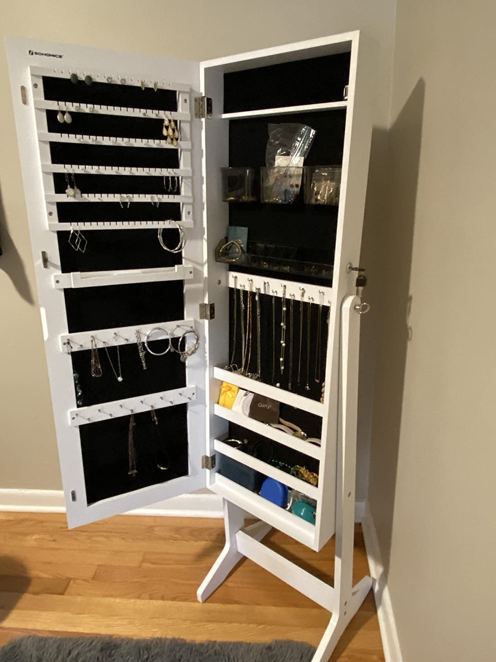 Mirror Jewelry Cabinet Armoire, Freestanding Lockable Storage Organizer Unit with 2 Plastic Cosmetic Storage