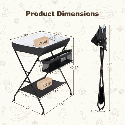 Baby Storage Folding Diaper Changing Table-Black - Color: Black