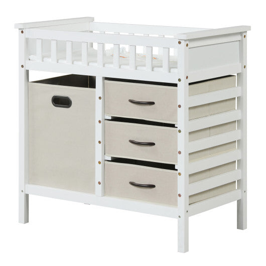 Wooden Baby Changing Table Diaper Changing Station with 3 Fabric Storage Drawers-Beige