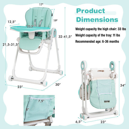 Baby High Chair Foldable Feeding Chair with 4 Lockable Wheels-Black
