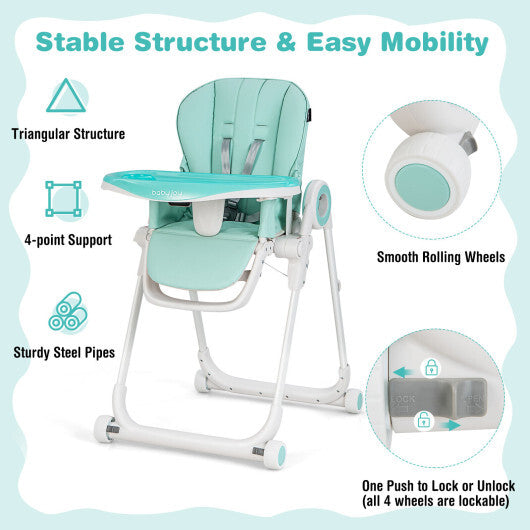 Baby High Chair Foldable Feeding Chair with 4 Lockable Wheels-Black