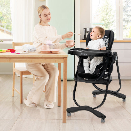 Multifunctional Folding Baby High Chair with Rolling Wheels and Adjustable Height-Pink