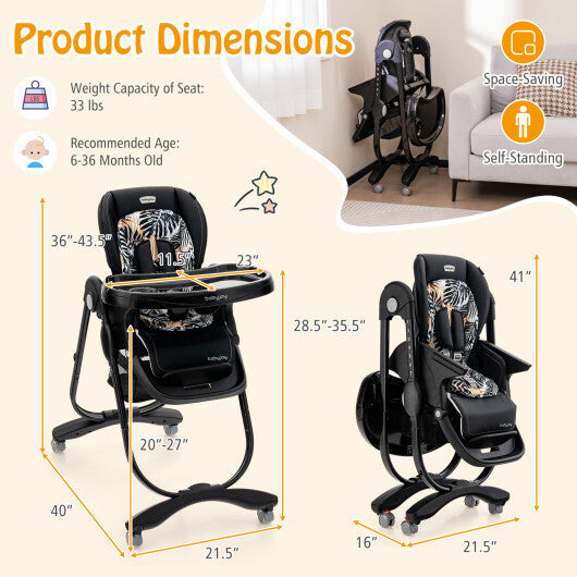Multifunctional Folding Baby High Chair with Rolling Wheels and Adjustable Height-Pink