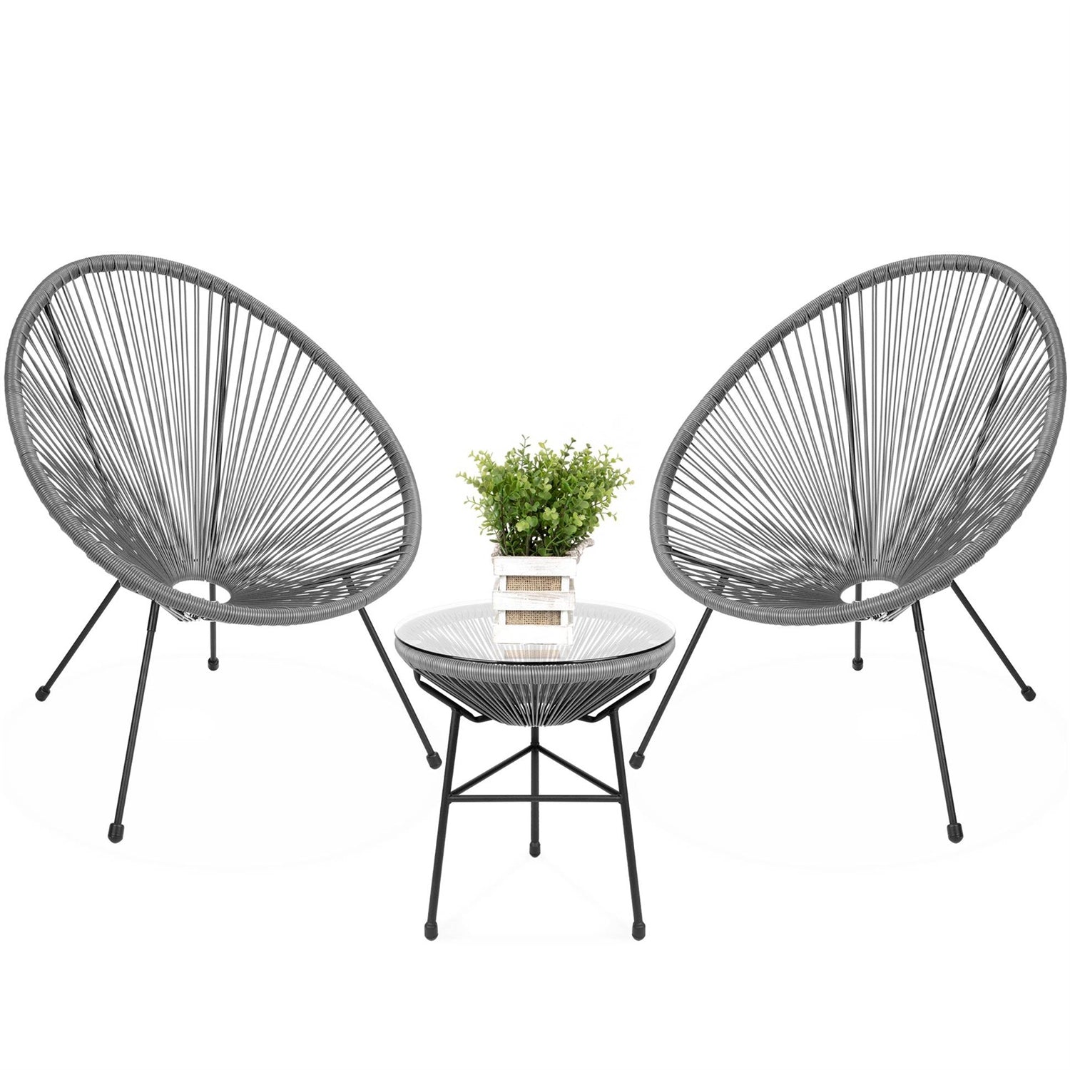 3 Piece Grey Oval Patio Rope Woven Chair Bistro Set