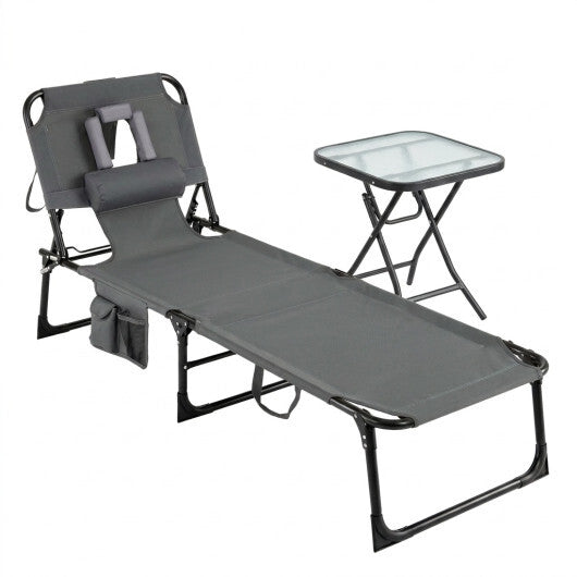 2-Piece Outdoor Tanning Chair and Patio Side Table Set with Folding Lounge Chair and Square Bistro Table