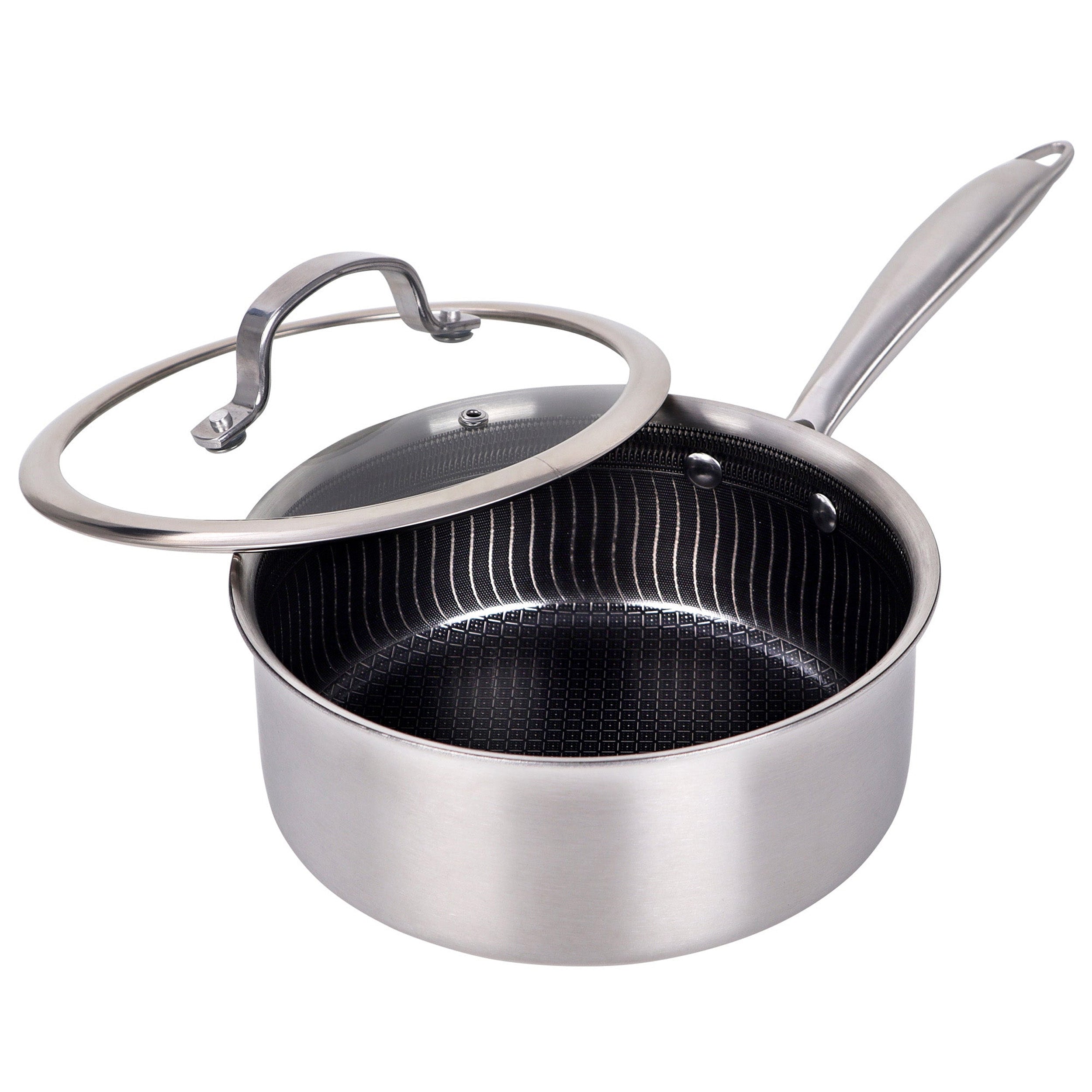 Brentwood 3 Quart 3-Ply Hybrid Non-Stick Stainless Steel Saucepan with Tempered Glass Lid