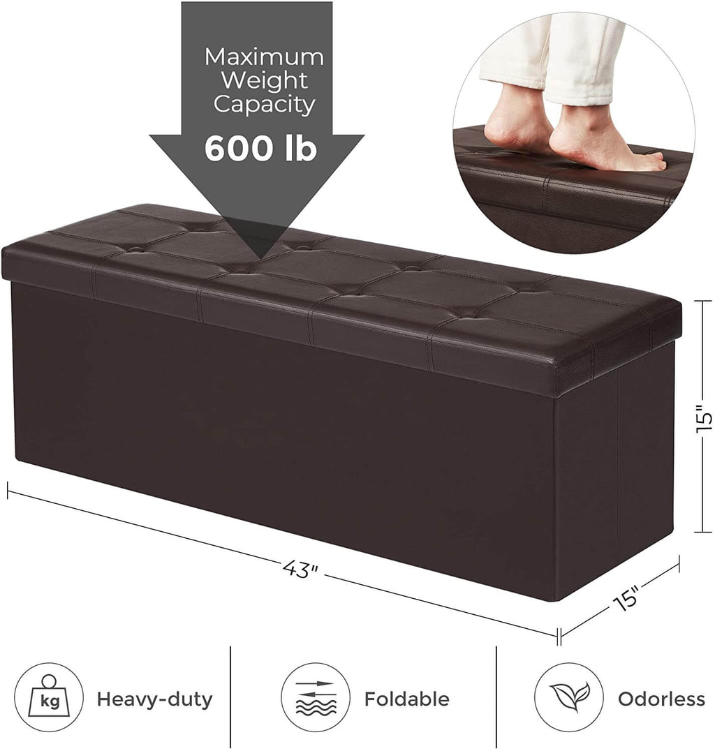 43" L Faux Leather Folding Storage Ottoman Bench, Storage Chest Footrest Padded Seat, Brown
