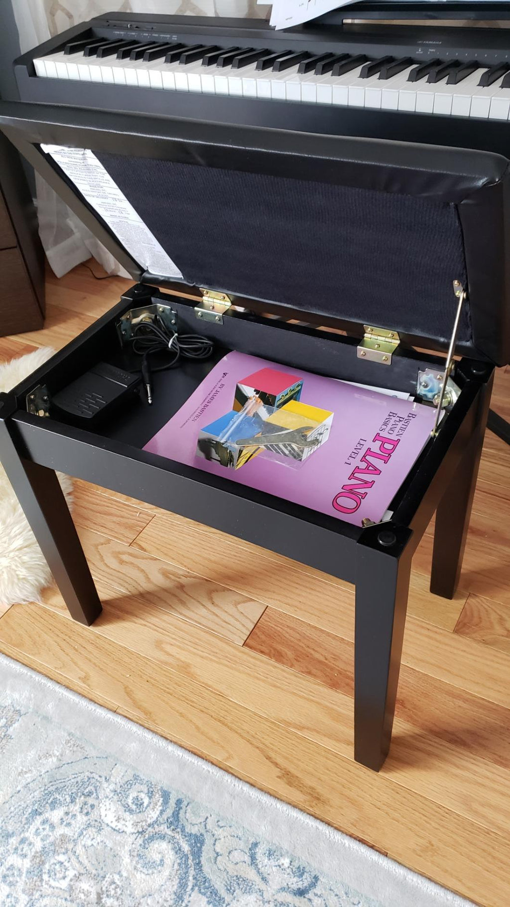 Padded Wooden Piano Bench with Music Storage Black