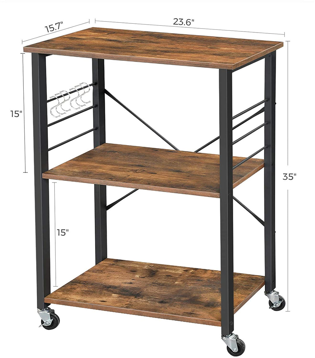 Kitchen Baker’s Rack, Microwave Oven Stand, Storage Cart, 3-Tier Serving Cart with 6 Hooks