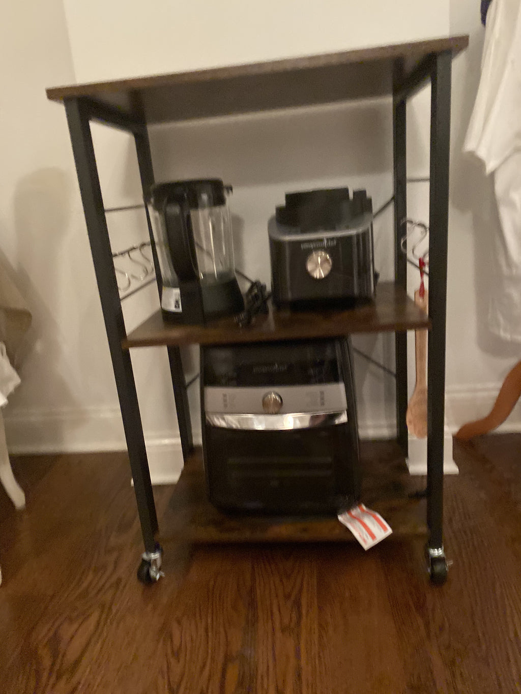 Kitchen Baker’s Rack, Microwave Oven Stand, Storage Cart, 3-Tier Serving Cart with 6 Hooks