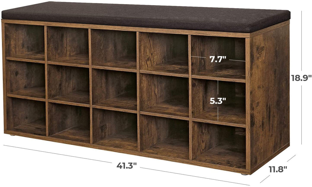 Shoe Bench with Cushion, 15-Cube Storage Bench, Holds up to 440 lb
