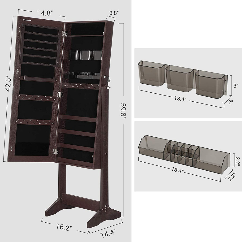 Mirror Jewelry Cabinet Armoire, Freestanding Lockable Storage Organizer Unit with 2 Plastic Cosmetic Storage, Brown