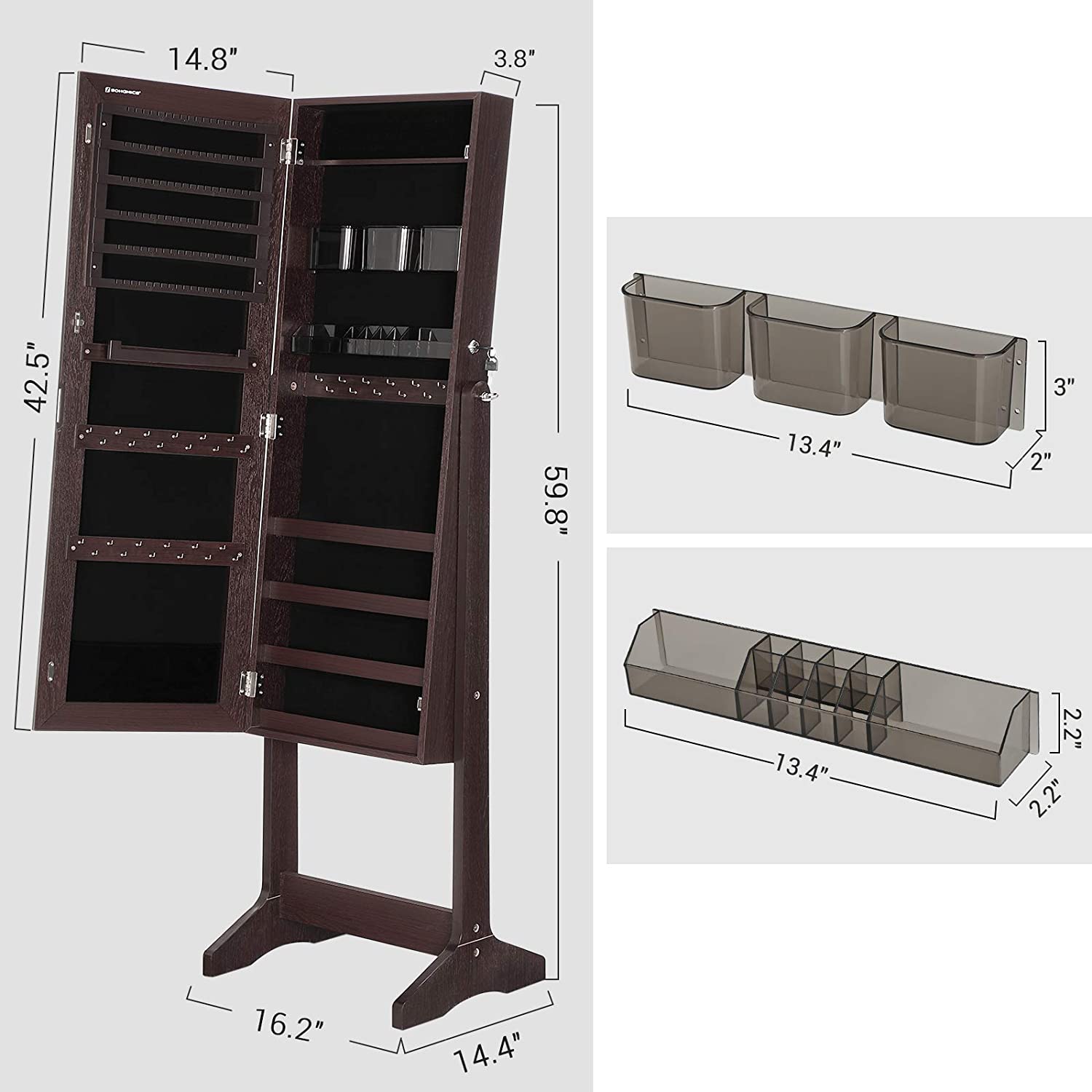 Mirror Jewelry Cabinet Armoire, Freestanding Lockable Storage Organizer Unit with 2 Plastic Cosmetic Storage, Brown