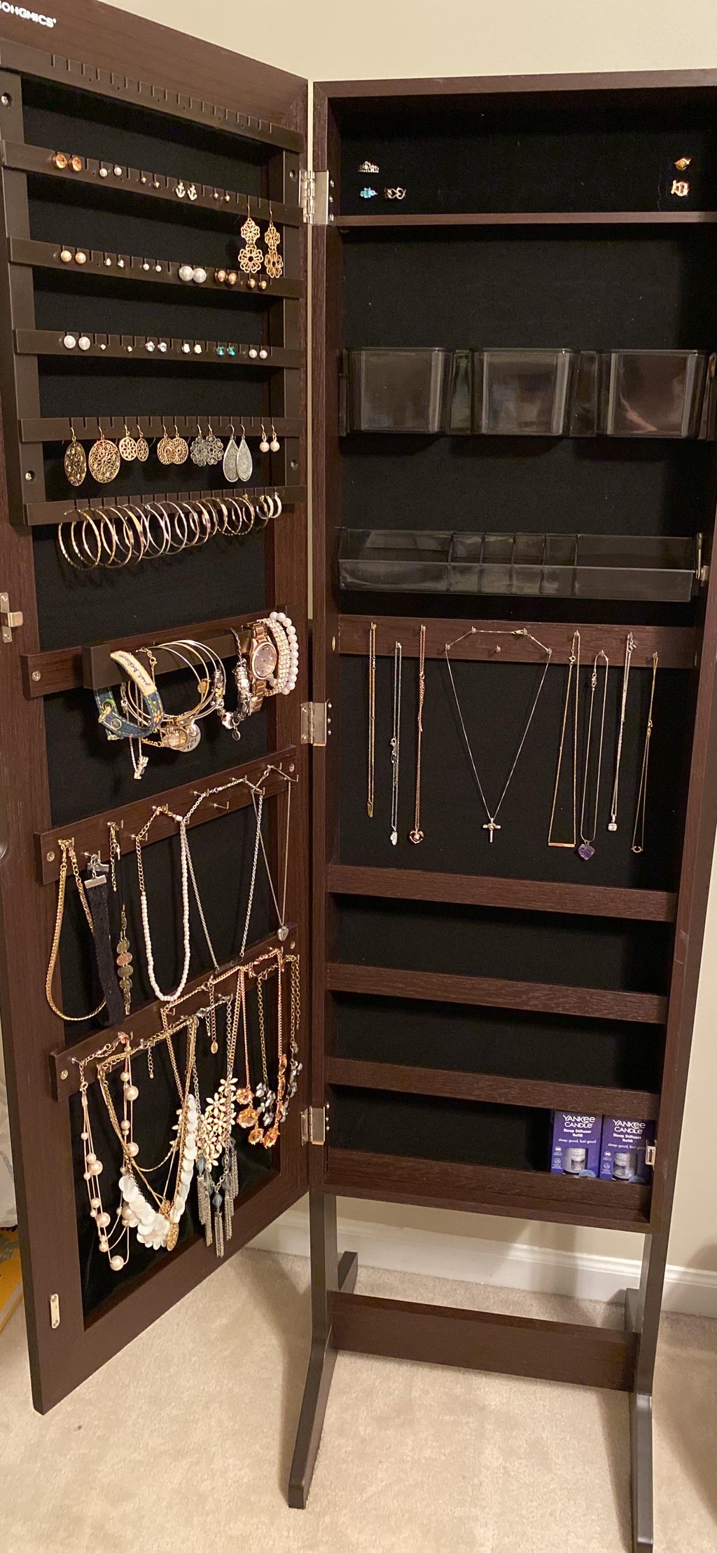 Mirror Jewelry Cabinet Armoire, Freestanding Lockable Storage Organizer Unit with 2 Plastic Cosmetic Storage, Brown