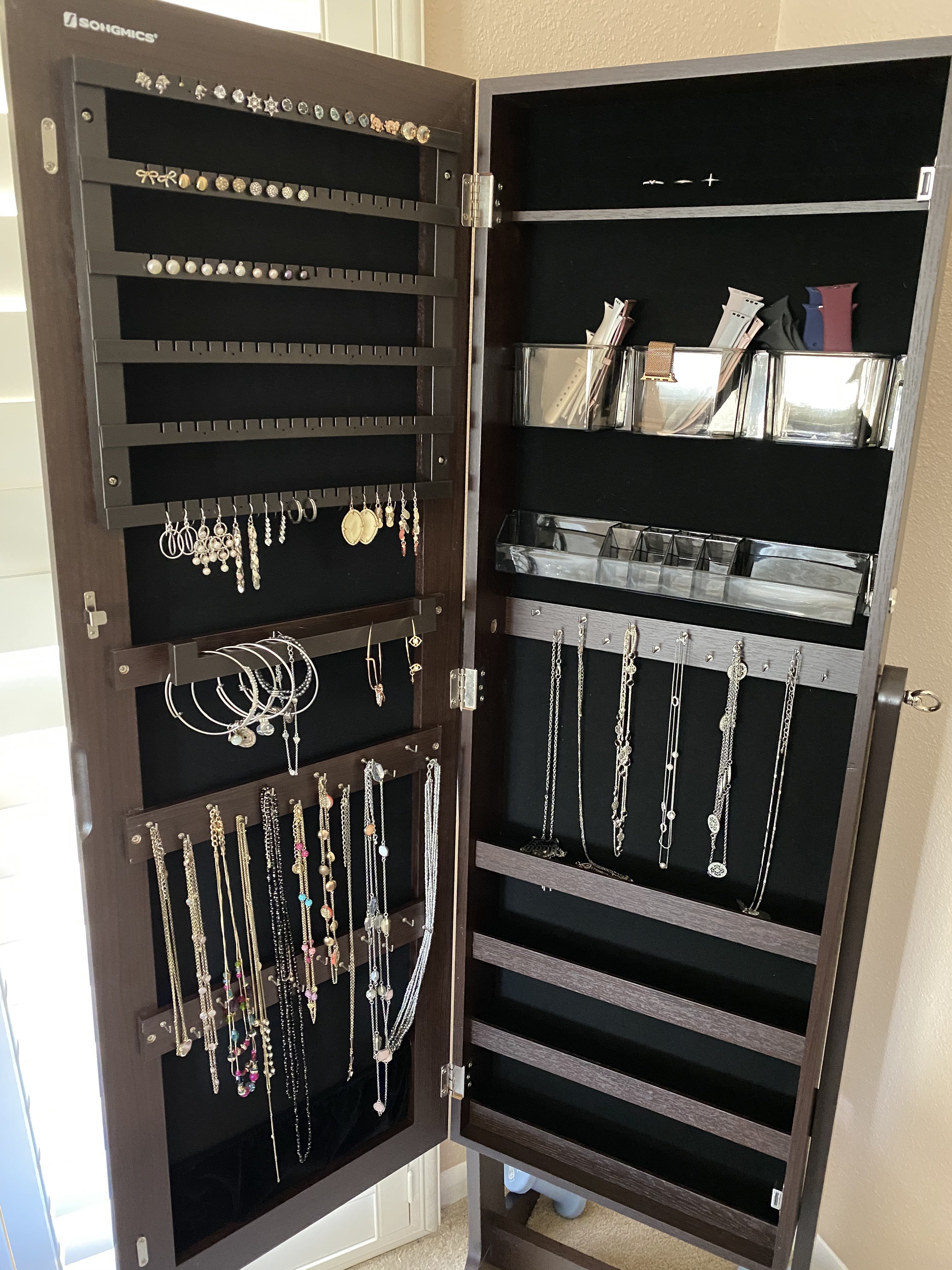 Mirror Jewelry Cabinet Armoire, Freestanding Lockable Storage Organizer Unit with 2 Plastic Cosmetic Storage, Brown