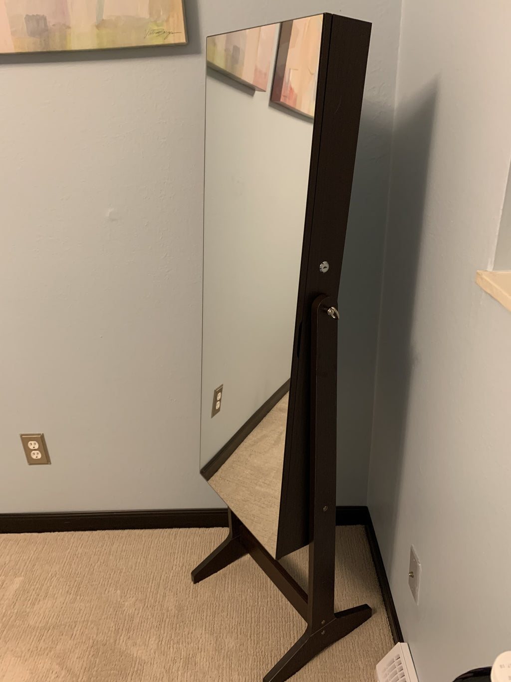 Mirror Jewelry Cabinet Armoire, Freestanding Lockable Storage Organizer Unit with 2 Plastic Cosmetic Storage, Brown